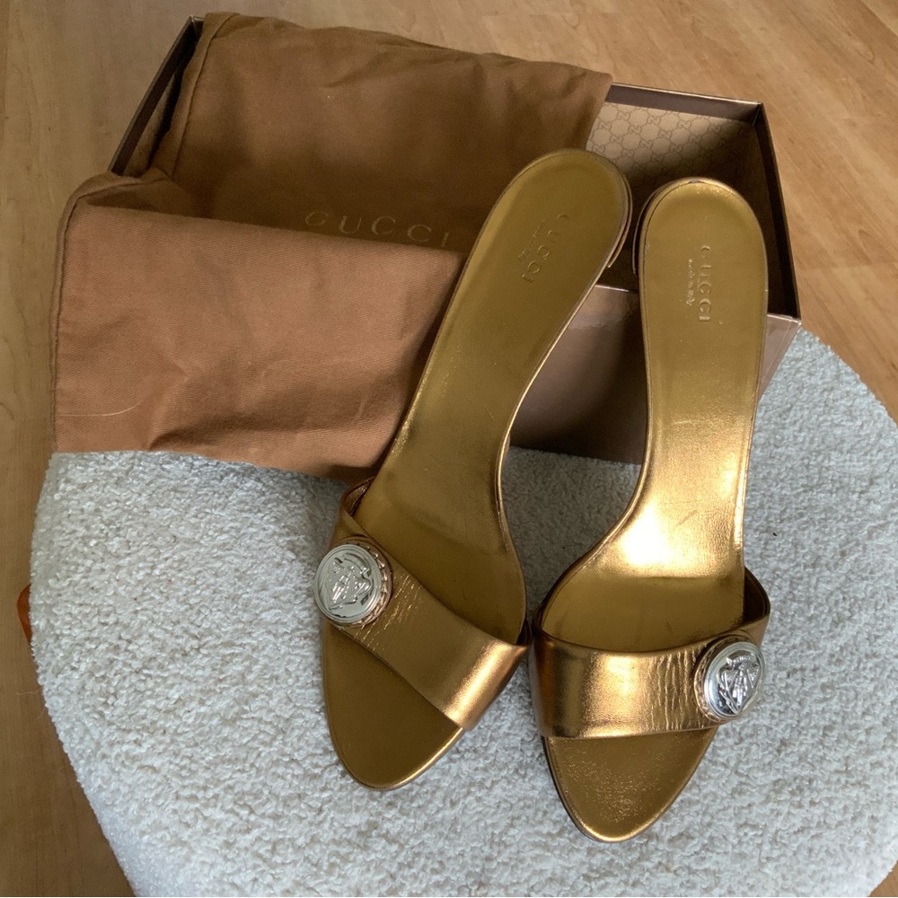 Gucci Napa Silk Oreo Rutino Cup Bronxe Slide/Mule/Sandal NIB w bag sz 39.5/9.5